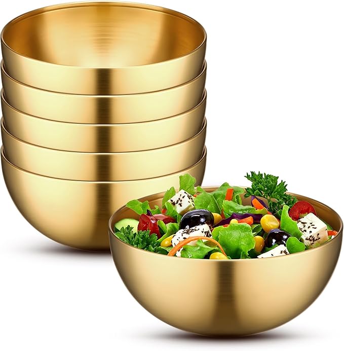 Nuogo 6 Pcs Stainless Steel Gold Mixing Bowls Christmas Gold Esthetician Bowls for Christmas First Holy Communion Wedding Party Facial Cereal Rice Noddle Fruit Cooking Baking Serving(5.9 Inches)