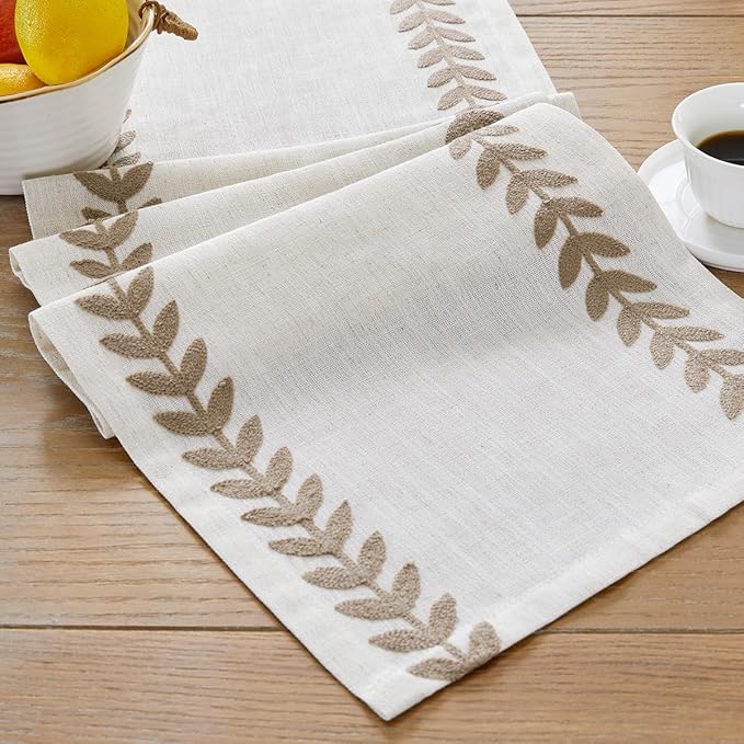 Wracra Embroidered Fall Table Runner Irregular Willow Leaf Table Runners 108 Inches Long for Dresser Home Dining Table Decor,14 x 108 Inch, Taupe