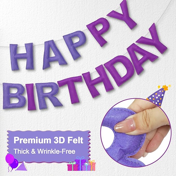 Pre-Strung Happy Birthday Banner & Felt Garland Set - Ombre Purple Birthday Decorations for Women Men Boys Girls | Reusable Party Supplies for Indoor & Outdoor