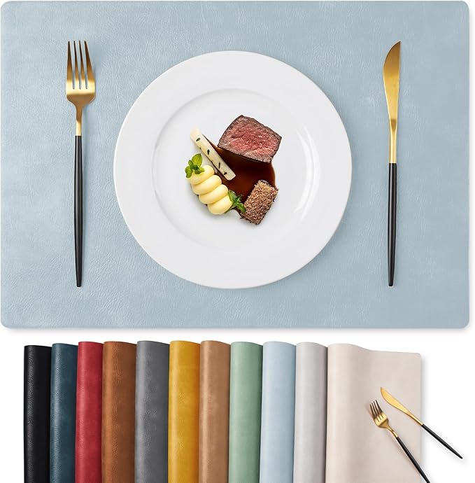 MOSAYT Vinyl Placemats Set of 4-12 X 17 Inch - Faux Leather 100% Waterproof Oil-Proof Wipeable PU Place Mats, Heat Resistant Reversible Table Mats for Kitchen, Dining, Outdoor (Light Grayish Blue)
