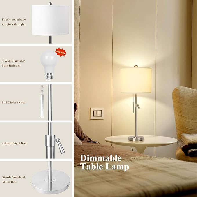 Table Lamps for Bedrooms Set of 2, 22" to 30" Height Adjustable Nightstand Lamps with Linen Shade, Pull Chain Switch Lamps for Living Room, 3 Way Dimmable Beside Lamp