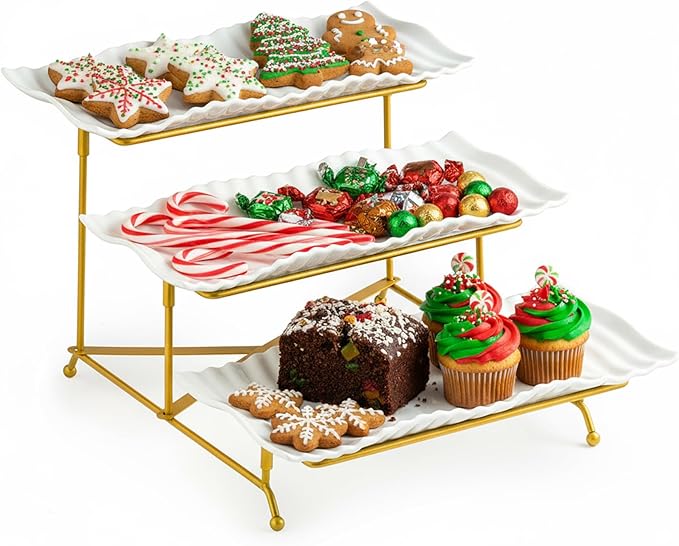 LAUCHUH 3 Tier Trays Stand, Porcelain Serving Trays Collapsible Sturdier Stand Serving Platters Dessert Table Display Set for Indoor Party, Entertaining, Thanksgiving, Christmas, Gold, 12.2 Inch