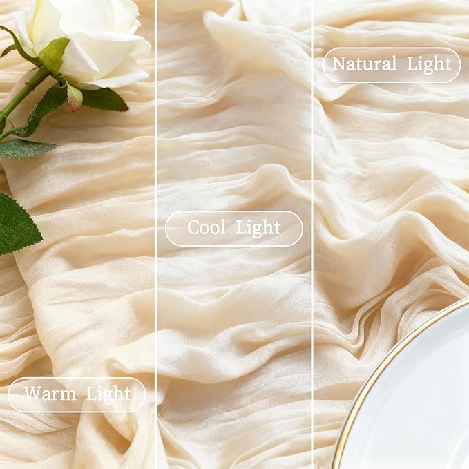 3 Pcs 35"×120" Beige Cheesecloth Table Runner, Cute Pleated Boho Gauze Rustic Sheer Translucent Runner, Table Decorations for Christmas Easter Wedding Baby Shower Birthday Holiday Home Decor