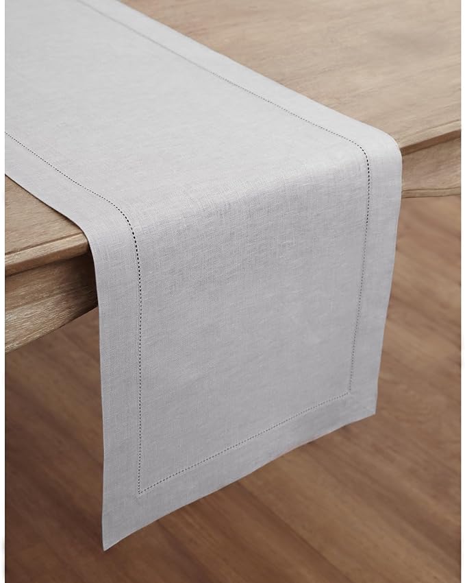 Solino Home Linen Soft Grey Table Runner 48 Inches - Classic Hemstitch, 100% Pure Linen Coffee Table Runner 14 x 48 Inch Ideal for Dresser Tables - Winter, Christmas, New Year