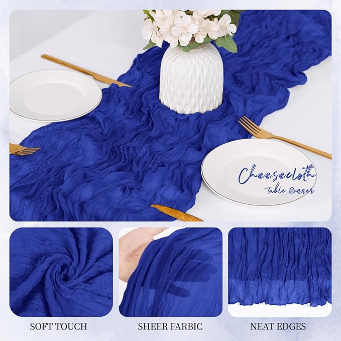 6 Pack Royal Blue Cheesecloth Table Runner 17x108 Inch Semi Sheer Boho Gauze Cheese Cloth Fabric Table Runners, for Wedding Party Baby Shower Birthday Home Decor Garden Farmhouse