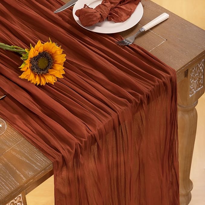 Terracotta Cheesecloth Table Runner Burnt Orange 6 Pack Christmas Table Runners 120 Inches Rust Cheese Cloth Table Decor for Xmas Holiday Season Parties Wedding Bridal Baby Shower Party