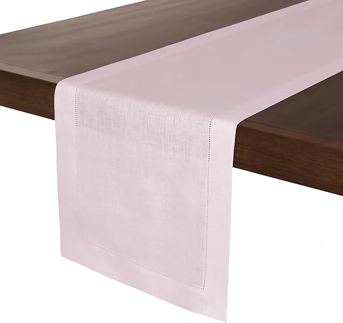 D'Moksha Homes Linen Pastel Pink Table Runner 48 Inches - Classic Hemstitch, 100% Pure Linen Coffee Table Runner 14 x 48 Inch Ideal for Dresser Tables - Winter, Christmas, Holiday, New Year