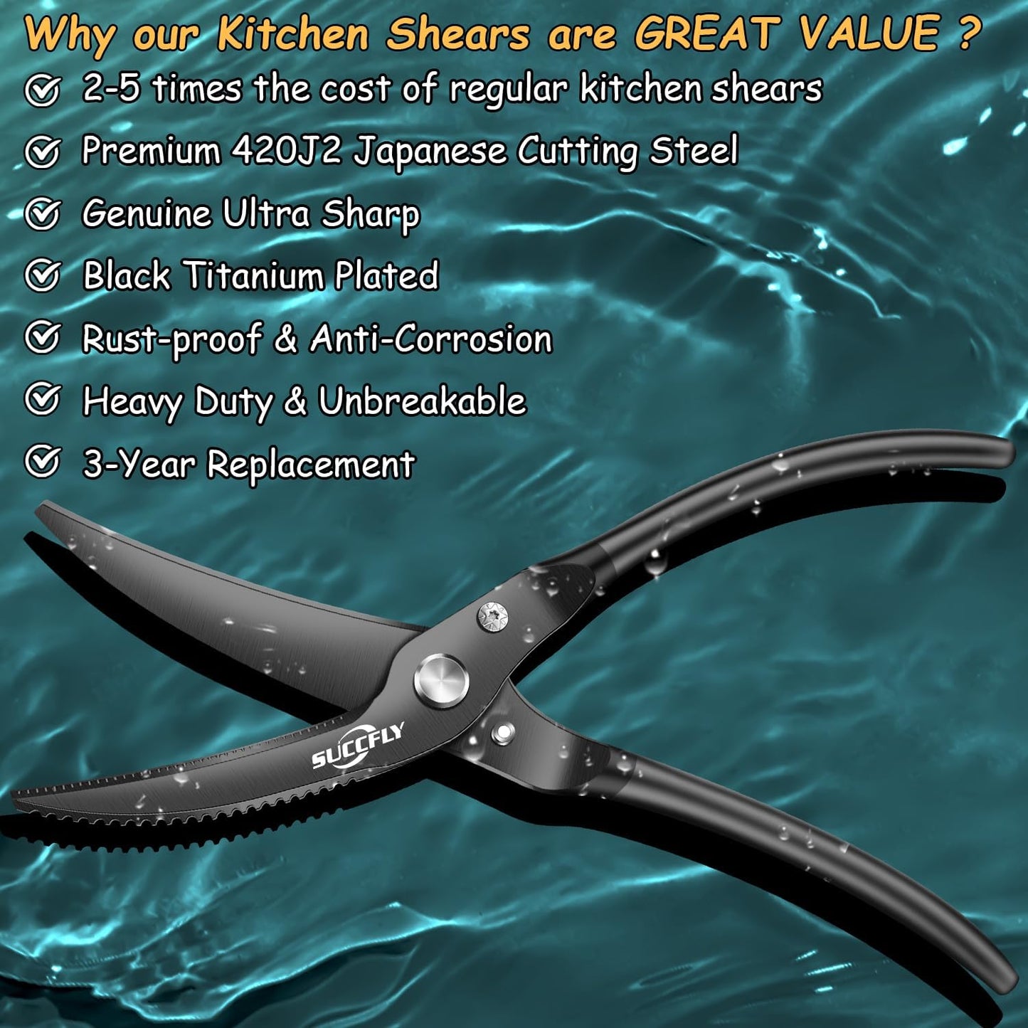 Kitchen Shears Heavy Duty, Premium Kitchen Scissors Stainless Steel, 8.8" Poultry Shears Ultra Sharp for Bone Chicken Meat, Food Scissors Anti-Slip Handle, Black Titanium Plated, Spring Loaded