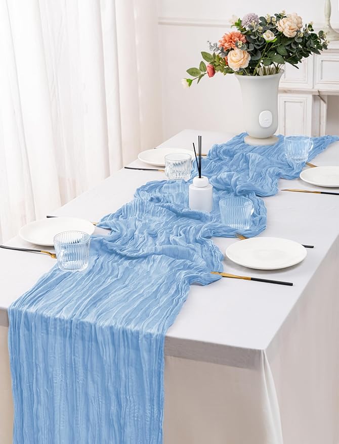12 Pack Light Blue Table Runner 10FT Cheesecloth Table Runner 21 x 120 inch Boho Gauze Cheese Cloth Table Runner Rustic Sheer Table Runner for Party Wedding Bridal Baby Shower Birthday Table Decor