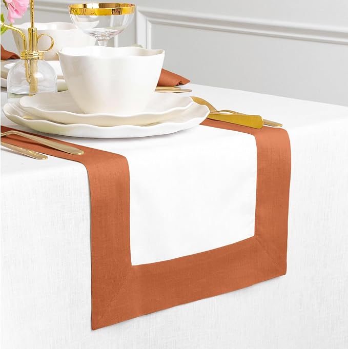 Solino Home Linen Table Runner 36 Inches - 100% Pure Linen Cinnamon and White Small Table Runner 14 x 36 Inch Ideal for Dresser and Coffee Tables - Contempo