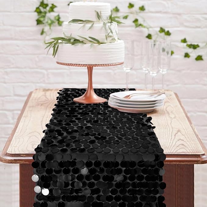 12 x 108 Inch Black Sequin Table Runner Glitter Rectangle Big Sequin Table Runner for Wedding Party Birthday Christmas Halloween Decoration (1 Pack)