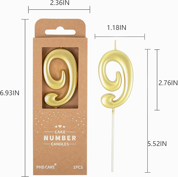 PHD CAKE 2.76 Inch Elegant Gold 9 Number Birthday Candles, Gold Number Candles, Cake Number Candles, Party Celebration