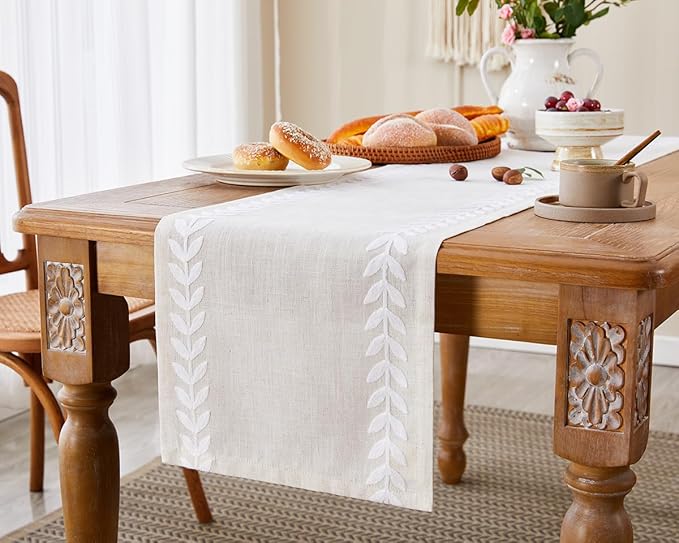 Wracra Embroidered Table Runner Irregular Willow Leaf Table Runners 108 Inches Long For Dresser Home Dining Table Decor,14 x 108 Inch, White