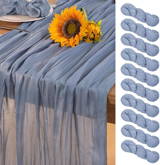 Dusty Blue Cheesecloth Table Runner 10 Pack Christmas Table Runners Boho Gauze 120 Inches Blue Table Decor for Xmas Holiday Season Parties Marine Weddings Bridal Baby Shower Birthday Party