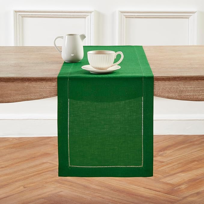 Solino Home Linen Table Runner 60 Inches - 100% Pure Linen Garden Green Hemstitch Table Runner 14 x 60 Inch Ideal for Dresser and Coffee Tables - Classic Hemstitch - Christmas, Winter, New Year