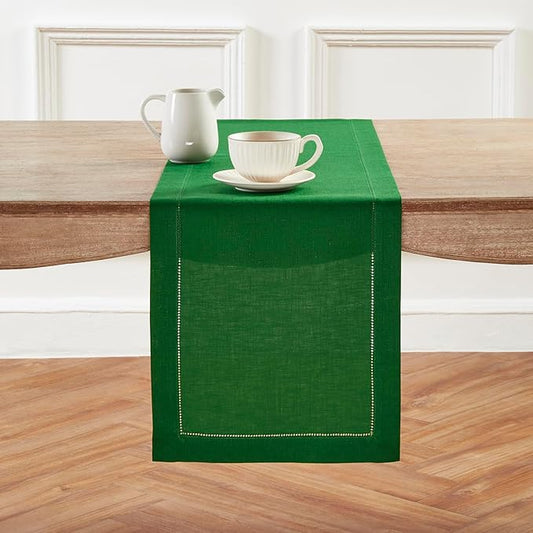 Solino Home Linen Table Runner 60 Inches - 100% Pure Linen Garden Green Hemstitch Table Runner 14 x 60 Inch Ideal for Dresser and Coffee Tables - Classic Hemstitch - Christmas, Winter, New Year