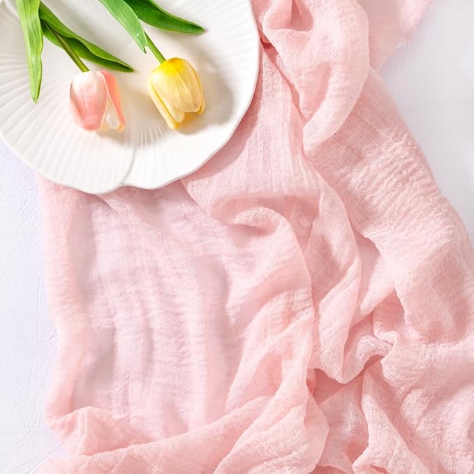Socomi Pink Gauze Fall Thanksgiving Cheesecloth Table Runner Blush 120 Inch Rustic Boho Cheese Cloth Runner for Wedding Party Baby Bridal Shower Centerpiece Decoration Holiday Home Decorations