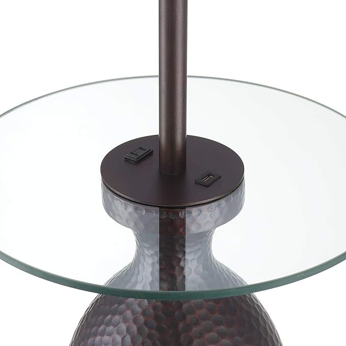 Regency Hill Fallon Industrial Floor Lamp with Tray Table USB and AC Power Outlet in Base 66" Tall Oil Rubbed Bronze Hammered Oatmeal Drum Shade for Living Room Reading House Bedroom Home