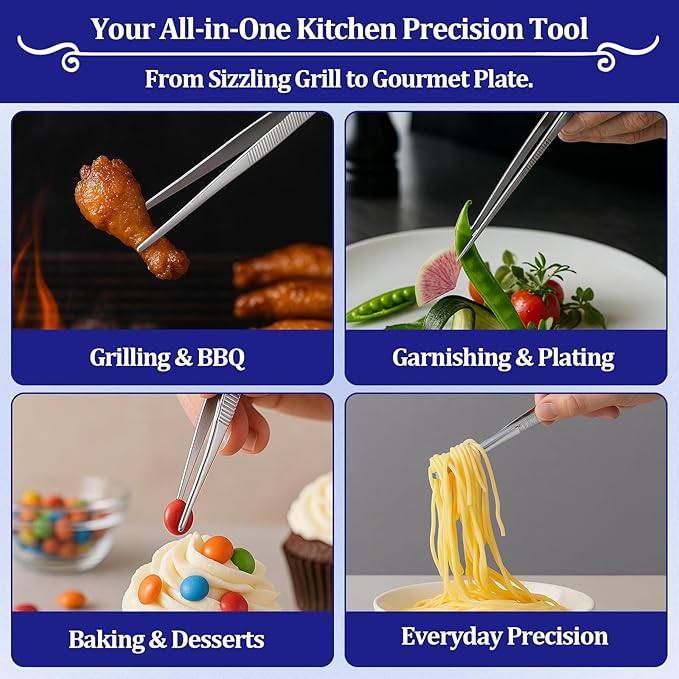 12-inch Stainless Steel Cooking Tongs & Tweezers, Non-Slip Grip & Serrated Tips for Grilling, Baking, Garnishing, BBQ, Kitchen & Craft Use (Straight Tip)
