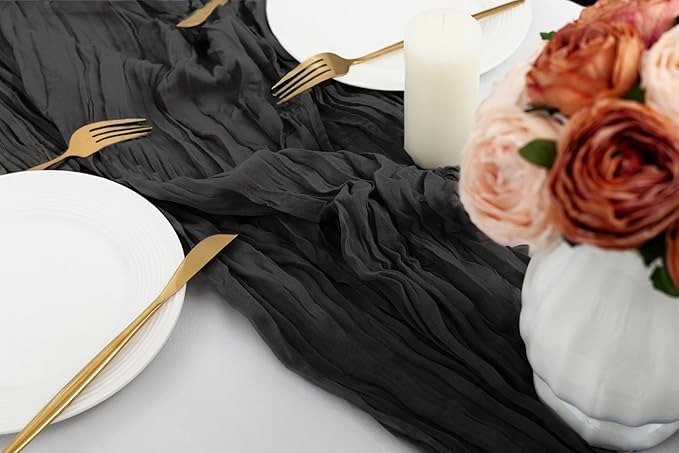combocube 12 Pack 35x120 Inch 10Ft Cheesecloth Long Table Runner Gauze Rustic Romantic Table Cloth for Halloween Wedding Reception Bridal Shower Holiday Birthday Party Table Decorations, Black