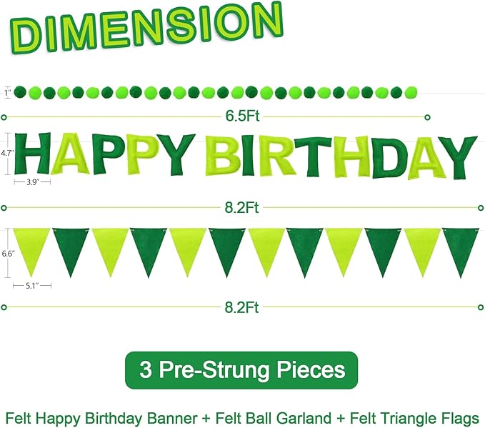 Pre-Strung Happy Birthday Banner & Felt Garland Set - Ombre Green Birthday Decorations for Women Men Boys Girls | Reusable Party Supplies for Indoor & Outdoor