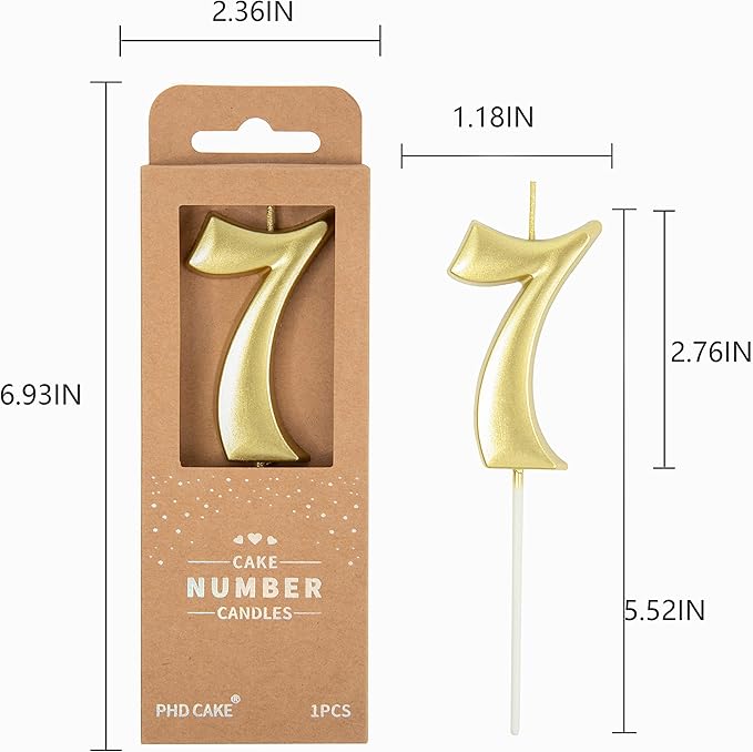 PHD CAKE 2.76 Inch Elegant Gold 7 Number Birthday Candles, Gold Number Candles, Cake Number Candles, Party Celebration
