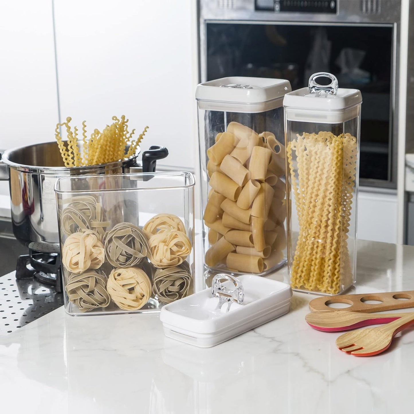 Felli Flip Tite TALL Storage Container with Lid 4" Air Tight Easy Open Ring Top, Clear Acrylic Skinny Canister Jar for Spaghetti Lasagna Fettuccine Noodle, Kitchen Cupboard Pantry Organizer (2.0 qt)