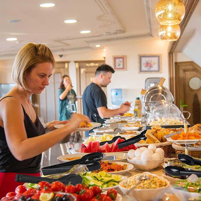 24 Pc Plastic Tongs for Serving 9 Inch Bulk Reusable or Disposable Tongs Heavy Duty Hard Plastic Serving Utensils Set Large Salad Tong for Kitchen Party Food Buffet Appetizer BBQ Event Catering(Black）