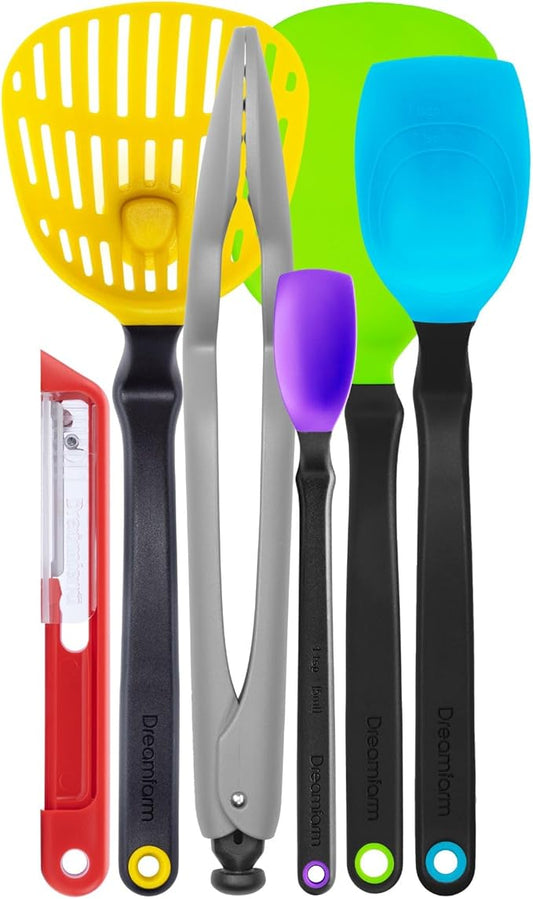 Dreamfarm Ultimate Set of The Best Silicone & Nylon Non-Stick-Safe Kitchen Cooking Utensils Set with Chopula, Supoons, Clongs Lite, Sharple, & Lestrain - Party Mix