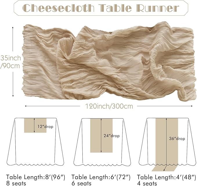 IVAPUPU 1 Pcs Cheesecloth Table Runner - 10ft Nude Boho Gauze Cheese Cloth Table Runners for Baby Shower Decoration Wedding Party Summer Garden Farmhouse