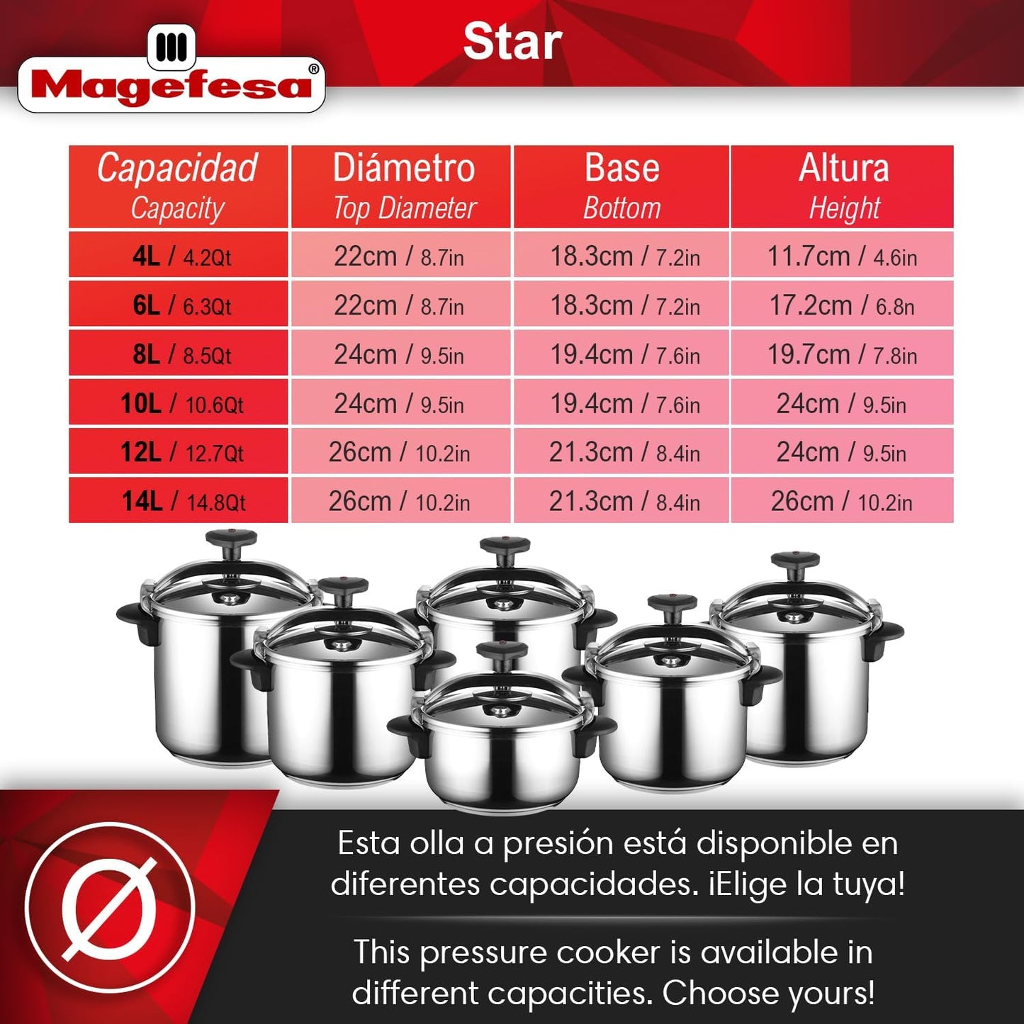 MAGEFESA Star Pressure Cooker, 14.8-Quart, 18/10 Stainless Steel, Works on All Stovetops (Induction Compatible), Safety Lock & 8 PSI Cooking