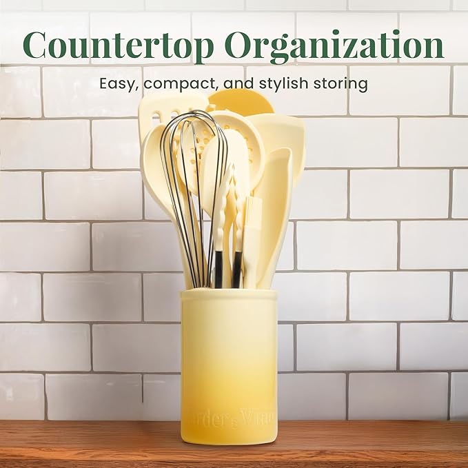 Larder & Vine 12-Piece Silicone Kitchen Cooking Utensils Set with Stainless Steel Handle and Ceramic Holder, Dishwasher Safe Set of Kitchen Essentials (Limoncello)