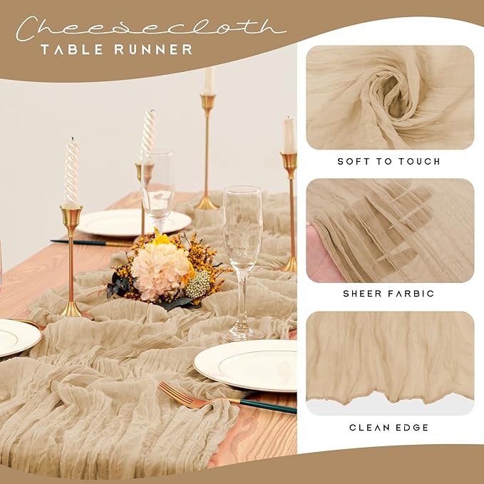 12 Pack Cheesecloth Table Runner 35 x 70 inch Long Boho Cheese Cloth Gauze Table Runners Semi Sheer Table Runner for Wedding Decor, Bridal Shower, Birthday Party (Beige)