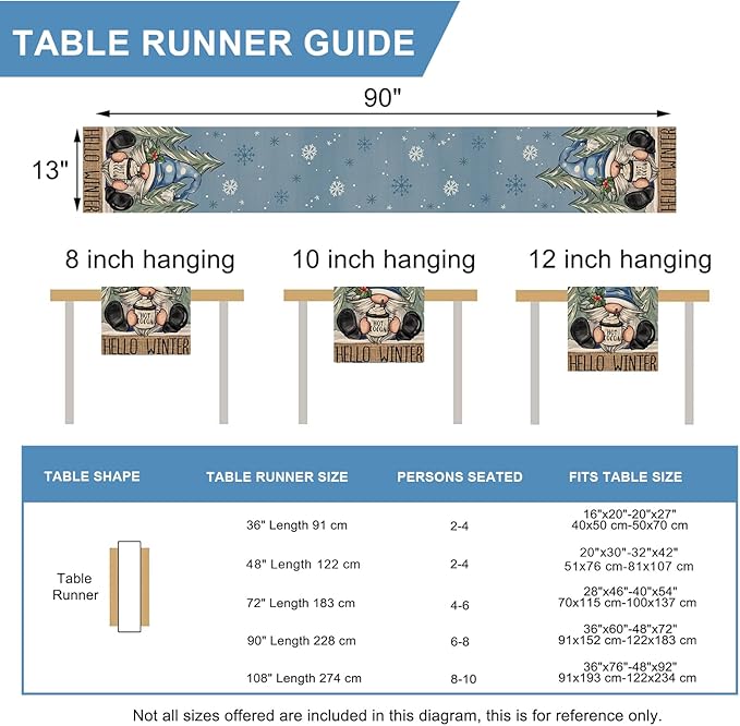 Seliem Hello Winter Blue Gnome Table Runner, Pine Tree Snowflake Hot Cocoa Farmhouse Kitchen Dining Table Decor, Christmas Holiday Rustic Home Decoration Indoor Outdoor Party Supply 13 x 90 Inches