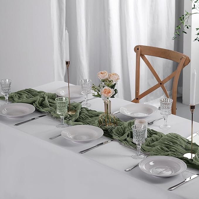 12 Pack Cheesecloth Table Runner 9ft,17 x 108 inch Gauze Table Runner Rustic Romantic Wedding Runner for Wedding Bridal Shower Fall Decoration,Dark Sage Green