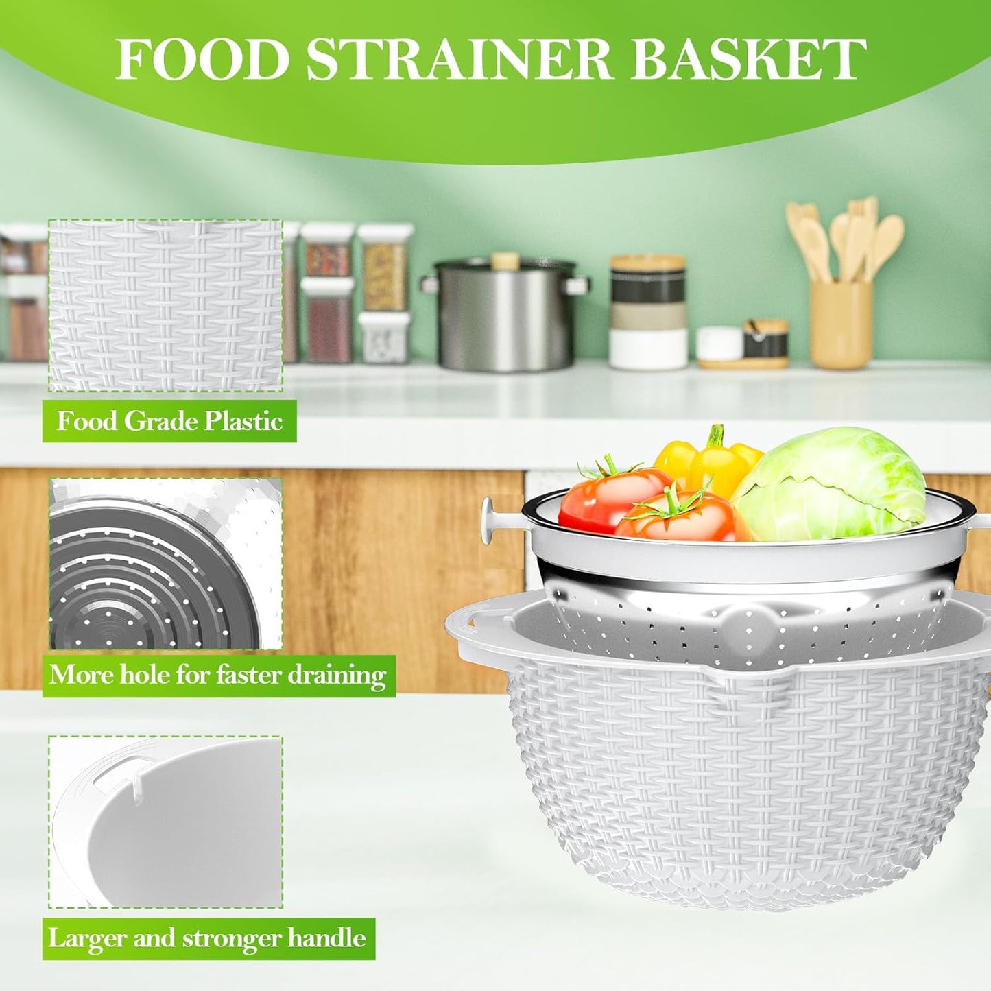 4-1 Colander with Bowl Set - Colander for Kitchen - Strainers and Colanders - Pasta Strainer - Fun Kitchen Presents - Rice Strainer Fruit Cleaner Veggie Wash Cooking Presents, White