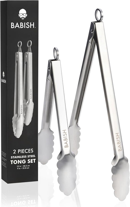 Babish 2-Piece Locking Kitchen Tongs Set – 12” & 9” Stainless Steel Cooking Tongs with Non-Slip Grip – Heavy-Duty BBQ, Grilling & Serving Tools