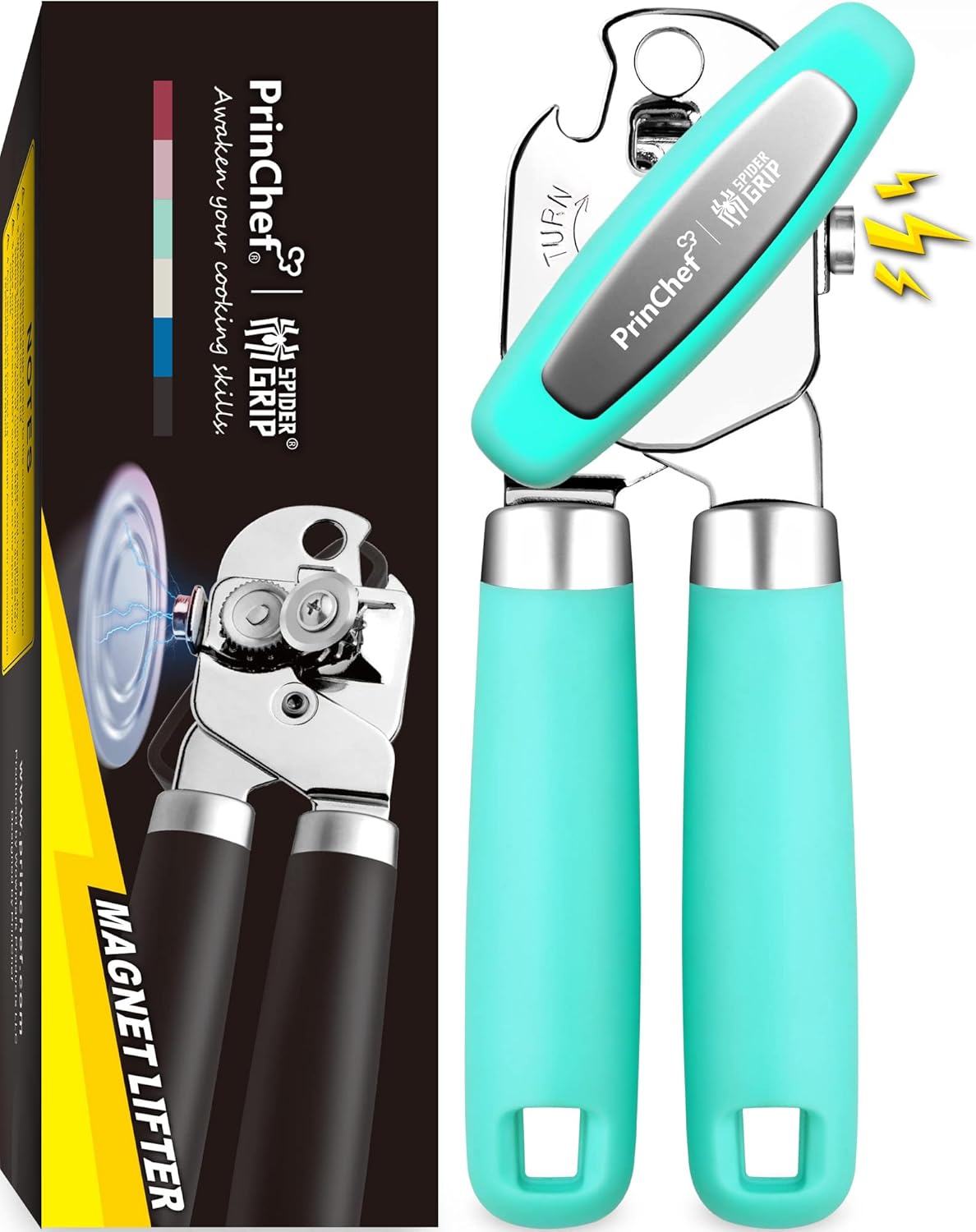 PrinChef Can Opener Manual, Can Tin Bottle Opener with Magnet - No-Trouble-Lid-Lift, Handheld Can Opener Smooth Edge with Sharp Blade, Heavy Duty and Easy to Use, for Seniors with Arthritis, Lake Blue