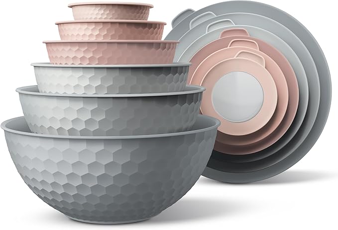 COOK WITH COLOR Mixing Bowls with Lids - 12 Piece Plastic Nesting Bowls Set includes 6 Prep Bowls and 6 Lids, Non Slip Bottom and Embossed Design - Microwave Safe (Pink)
