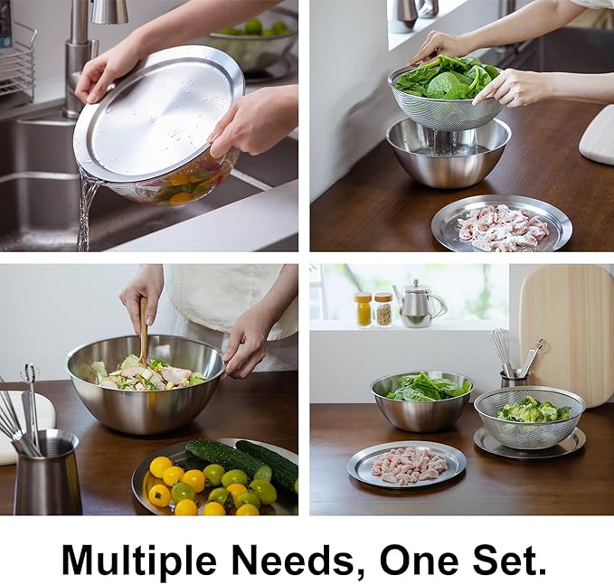 SHIMOYAMA Stainless Steel Bowl & Plate 6-Pcs, Mixing Bowls with Lid, Borosilicate Glass Nesting Bowls for Whisking, Mixing, Kneading, Kitchen Gadgets