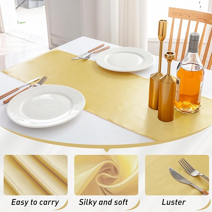 10 Pack Satin Table Runner 12 X 108 Inch Silk Table Runner for Party,Wedding, Birthday, Banquets,Decoration(Light Gold)