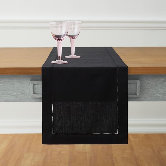 Solino Home Black Table Runner 36 Inches - Cotton Linen Hemstitch Coffee Table Runner 14 x 36 Inch Ideal for Dresser Tables - Winter, Holiday, Christmas, New Year