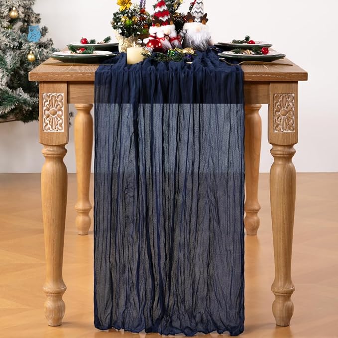 Navy Blue Cheesecloth Table Runner Christmas Table Runner Boho Gauze 120 Inches Navy Cheese Cloth Table Decor for Xmas Holiday Season Parties Wedding Bridal Baby Shower Party Christmas Dinner
