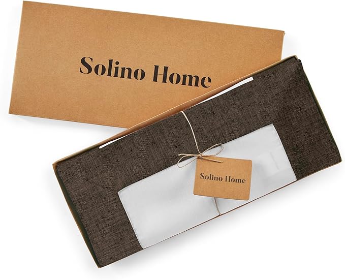Solino Home Linen Table Runner 60 Inches - 100% Pure Linen Chambray Brown and White Table Runner 14 x 60 Inch Ideal for Dresser and Coffee Tables - Contempo