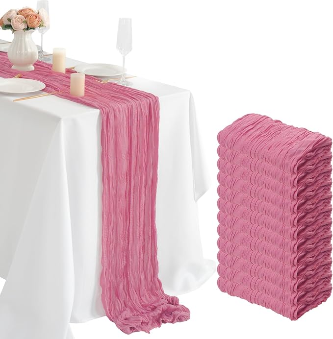 combocube 12 Pack 35x120 Inch 10Ft Cheesecloth Long Table Runner Gauze Rustic Romantic Table Cloth for Wedding Reception Bridal Shower Holiday Birthday Party Table Decorations, Dusty Rose