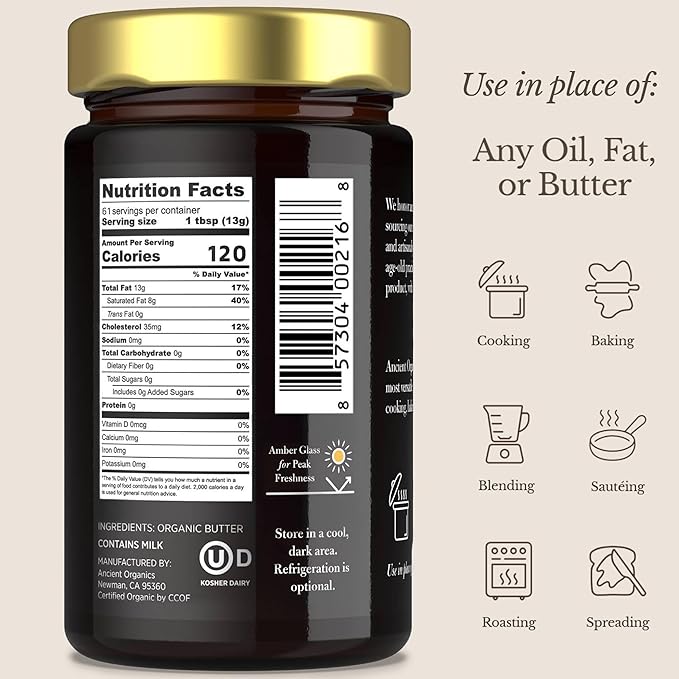 Ancient Organics Ghee - Organic Grass Fed Ghee Butter, Gluten Free, Clarified Butter, Vitamins & Omegas, Lactose Reduced, Kosher, USDA Certified - 28 Oz (Pack of 1)