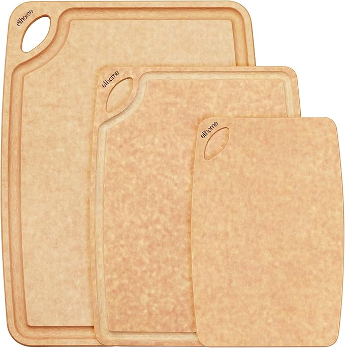 Elihome Classic Series 3-in-1 Cutting Board Set for Kitchen, Natural Wood Fiber Composite, Dishwasher Safe, Eco-Friendly, Juice Grooves with Easy Grip Handles,Non Porous, BPA Free, Made in USA