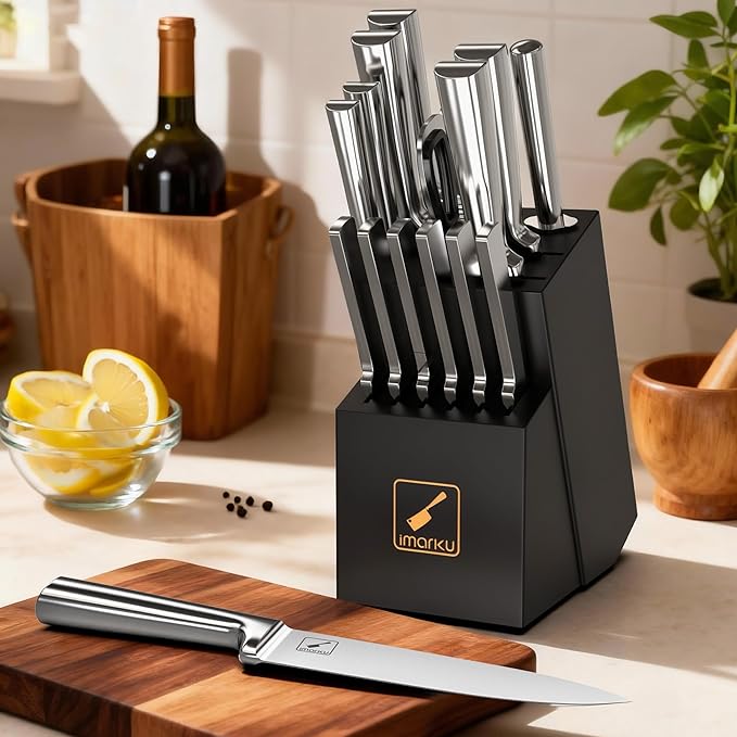 imarku 15 PCS Knife Set: Kitchen Knife Set with High Carbon Stainless Steel, Knife Block Set with Dishwasher Friendly Ultra Sharp Professional Chef Well Balance Knives Set, Best Gifts for Women Men