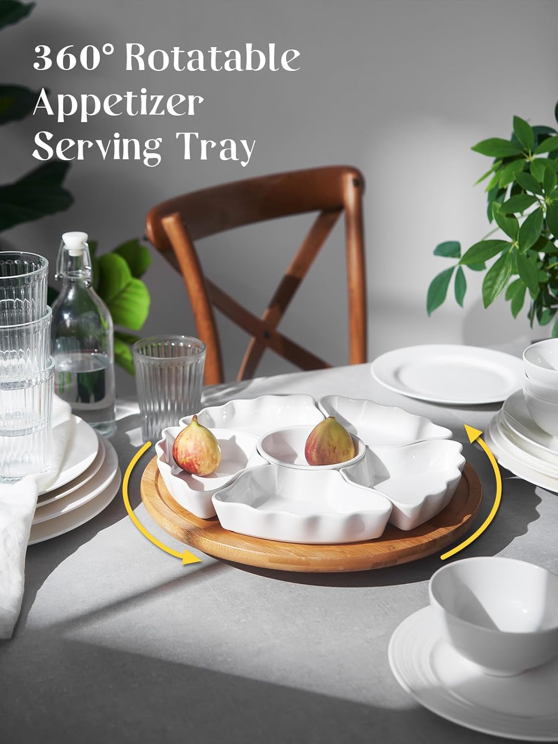 DOWAN 360° Rotatable Serving Tray and Platters, 12 Inch Divided Serving Bowls for Party, Kitchen Decor, Removable Serving Dishes for Chips and Dip, Fruit, Veggies, Candy and Snacks, 7 Pieces, White