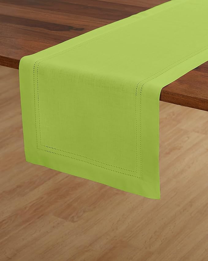 Solino Home Linen Lime Green Table Runner 120 Inches Long - 100% Pure Linen 14 x 120 Inch Table Runner for Christmas, New Year - Double Hemstitch